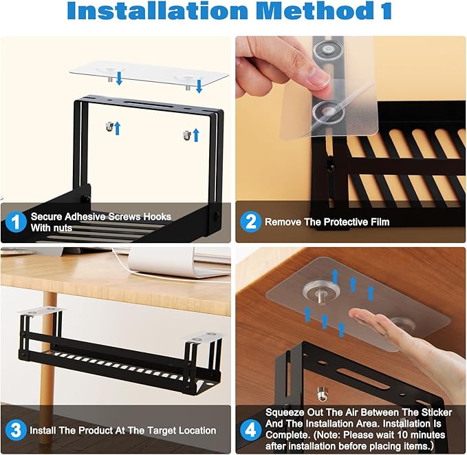 PAVSTINE Under Desk Cable Management Tray, 17 in Metal Cable Tray Basket for Wire Management, Power Strip Holder, Cord Organizer, Wire Tamer for Home/Office Desk Cable Hider Black, 2 Pack