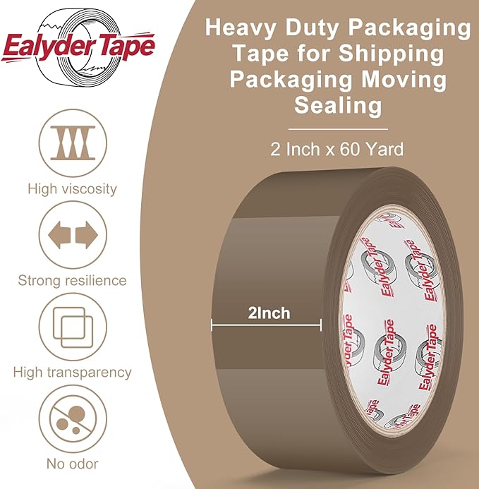 Ealyder Tape Brown Packing Tape 2 inch x 60 Yards, 6 Rolls with Dispenser – Heavy Duty Parcel Sealing Tape for Shipping, Moving and Storage, Total 360 Yards