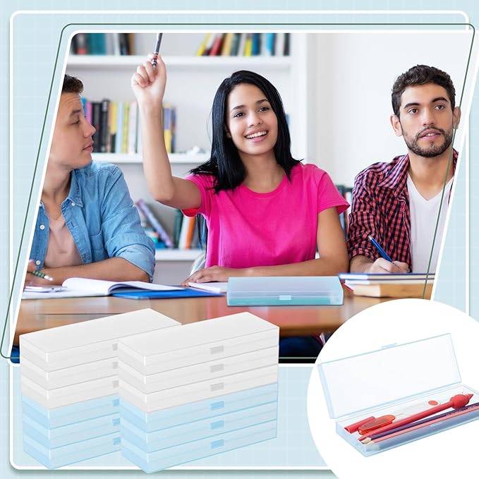 Fainne 24 Pcs Plastic Pencil Case Bulk Pencil Boxes Plastic Stationery Case Frosted Pen Box Pen Holder with Hinged Lid Snap Closure for Office(Single Layer,White, Blue,7.09 x 2.36 x 0.98 Inch)