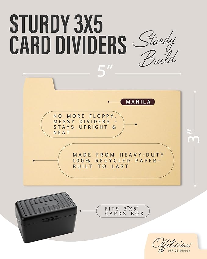 OFFILICIOUS Index Card Box 3x5 - Recipe Box with Manila Dividers & Stickers - Premium Index Card Holder Ideal as Business Card Organizer, Recipe Card Box, Index Card Organizer, Flash Card Holder