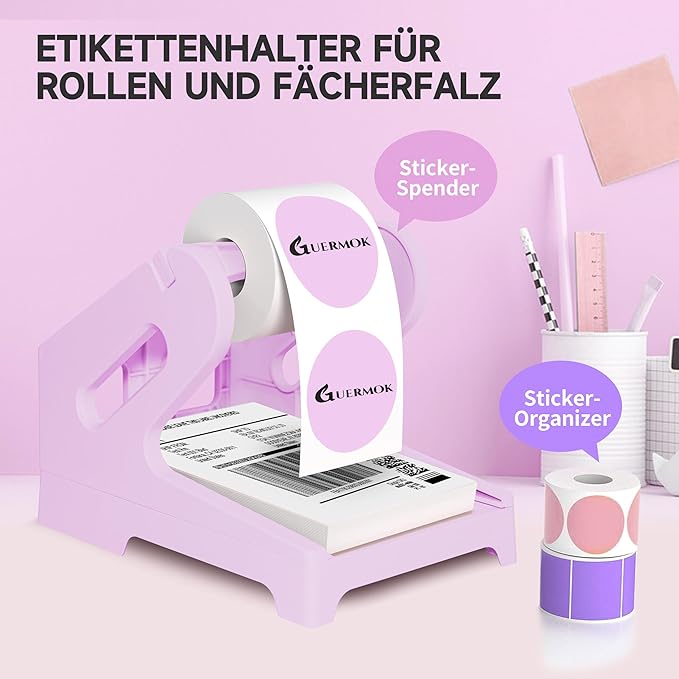 Guermok Thermal Shipping Label Holder for Rolls & Fan-Fold, Fragile Stickers for Shipping, Label Stand Desktop Printer Holder-Home Office Accessory Sticker Dispenser for Holographic (Purple)