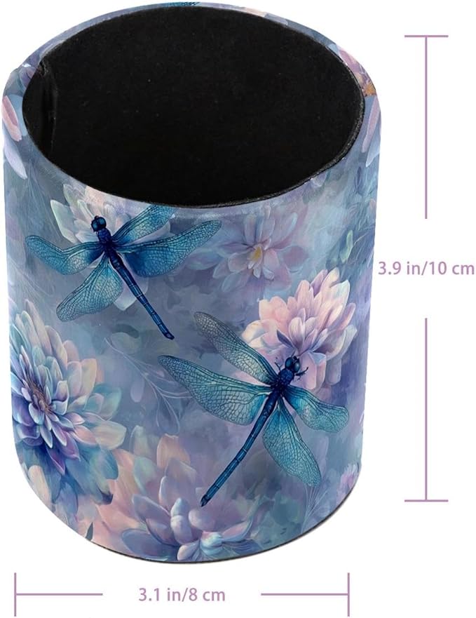 Leather Pen Holder for Desk Dragonfly Beautiful Pencil Cup Desktop Organizer Makeup Brush Holders Office Supplies for Home, Kids & School