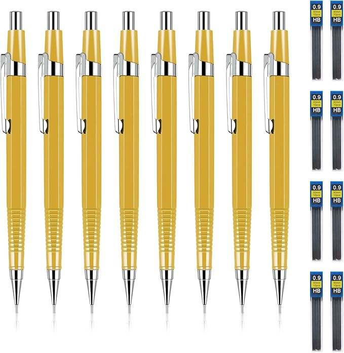 feelake 8 PCS Metal Mechanical Pencil,Durable 0.9mm Drafting Pencil,Comes With 8 PCS of 9 mm lead pencil refills, Pencils Mechanical For Writing,Drawing & Gifting
