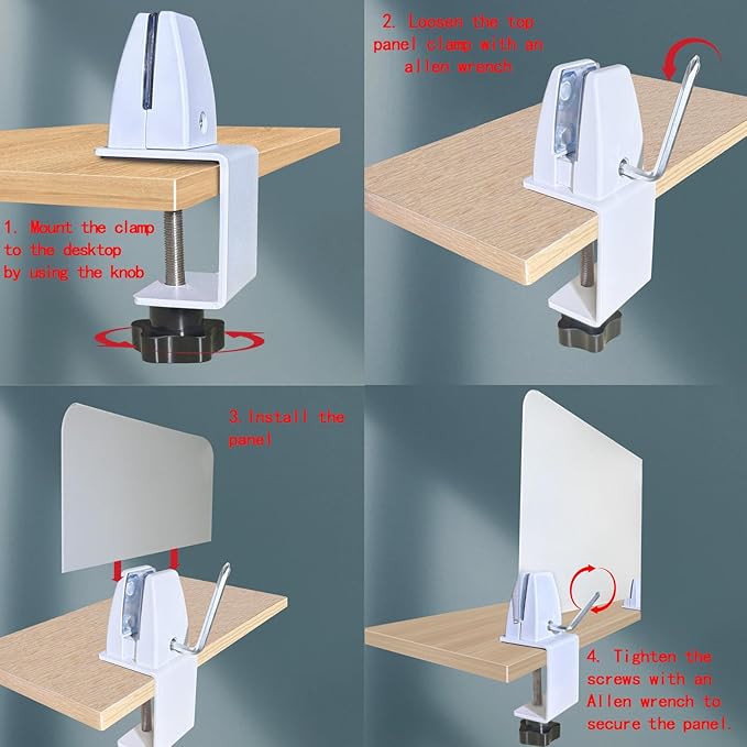 Jhanw Desk Divider Clamp For 1/8" To 0.51" Panel, Adjustable Desk Partition Clamp For 0.32" To 2.04" Desktop, Standing Desk Accessories For Desk Privacy Folders, White Sneeze Guard Holder 4-pack