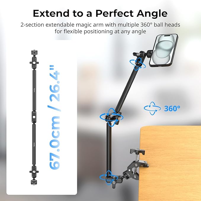 SMALLRIG Desktop Clamp Magic Arm Kit for MagSafe for iPhone, 67cm Two-Stage Adjustable Flexible Arm with Secure Grip for Smartphone, Webcam, Action Cameras - 5626