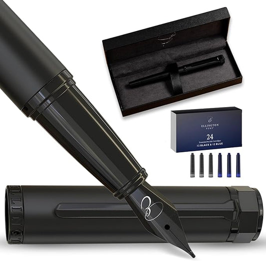 Ellington Pens Luxury Fountain Pen Set - Fountain Pens for Writing - Smooth Nib - 24 Ink Cartridges Special Bundle - Includes Refillable Ink Converter, Calligraphy, Journaling, Sketching (The Stealth)
