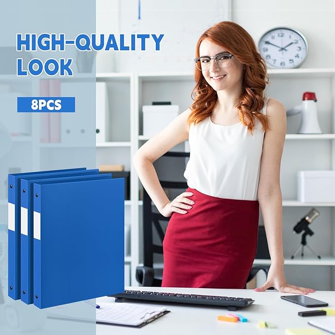 Henoyso 8 Pcs 3 Ring Binder 0.5 Inch Round Fits Letter Size 8.5'' x 11'' Paper Plastic Flexible Binder Bulk Holds 140 Sheets with 1 Pockets Versatile Organizer for Home Office School (Blue)