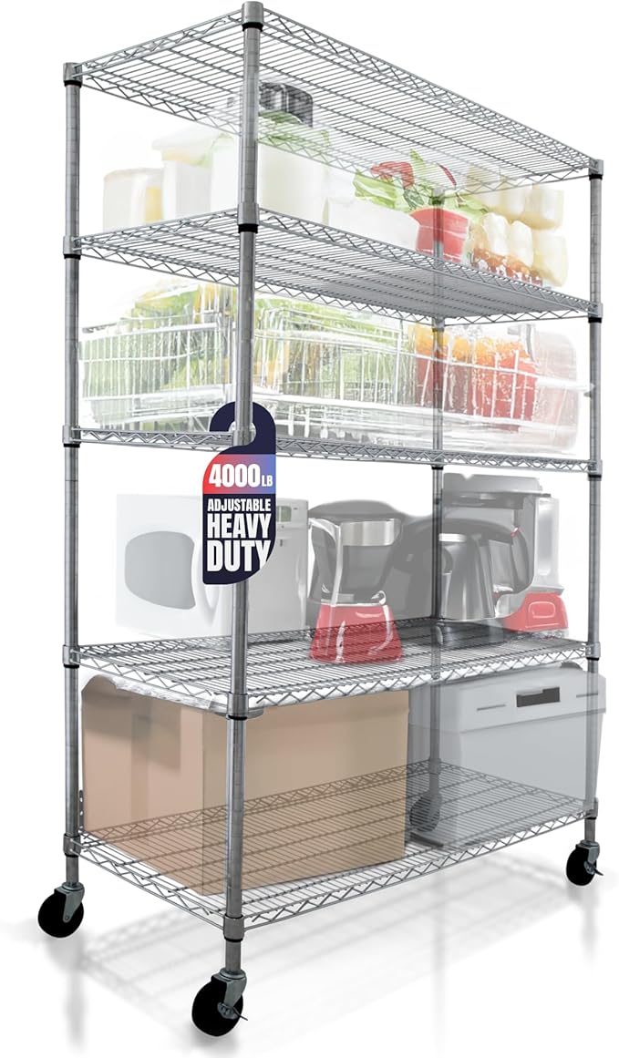 CRESCENT 48" W Storage Shelves 4000LBS Metal Shelving 5 Tier Wire Shelving Unit Garage Shelving Heavy Duty Metal Shelves for Storage Rack Commercial Adjustable Pantry Shelf, 48" W X 24'' D X 76" H