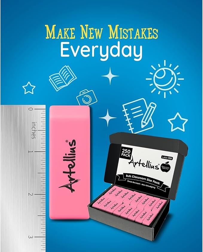 Pencil Erasers for Kids - 250-Pack Pink Pencil Erasers - Latex-Free & Smudge-Free Design - Pink School Supplies for Classroom Office Art Projects