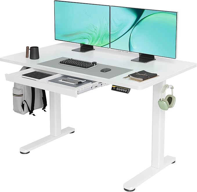Claiks Standing Desk with Drawers, 48x24 Inch Electric Stand Up Desk, White Adjustable Height Sit Stand Computer Workstation, White