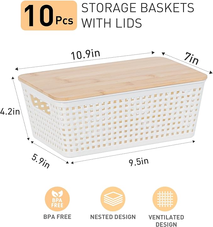Anywish Storage Bins with Lids 10 Packs, Plastic Storage Bins with Bamboo Lids for Pantry Organization and Storage Containers for Shelves Drawers Desktop Closet Playroom Classroom Office Home, White
