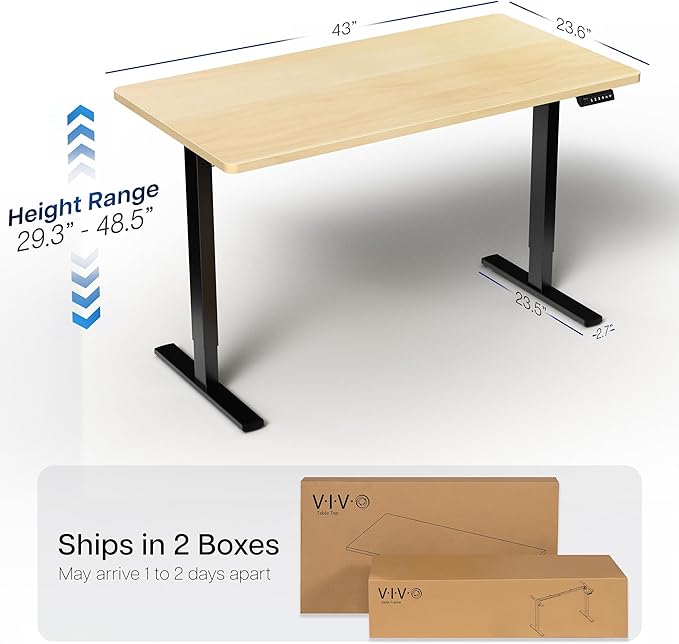 VIVO Electric 43 x 24 in Standing Desk, Memory Height Adjustment, 1B Series, Holds 220 lbs, One-Piece Light Wood Top, Black Frame, DESK-KIT-1B4C