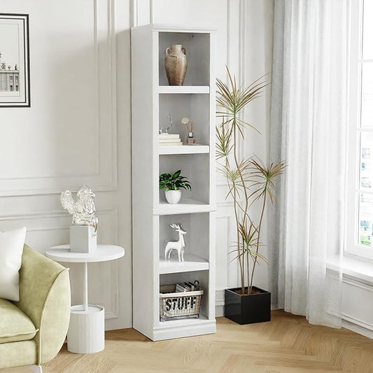 blini 5-Shelf Narrow Bookcase White Wooden Tall Bookshelves Floor Standing Display Storage Shelves Mahogany Bookcase for Home Office, Living Room, Bed Room