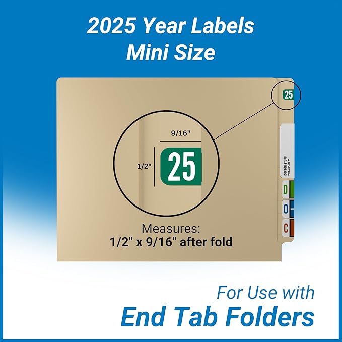 MINI 2025 Year Stickers, Doctor Stuff 2025 Chart Stickers, Green Color Coded, Tab 1287 Style, USA Made Year Labels for End Tab File Folders, 500 Labels/Roll in a Dispenser Box, 1/2" x 1-1/8"