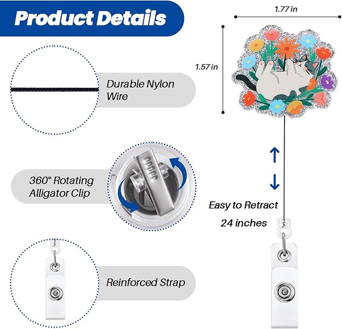 Cute Cat Floral Nurse Badge Reel, Retractable ID Card Cat Lover Badge Holders, Medical Work Badge Clip for RN LPN MA Pediatric Rehabilitation Department Therapists Physician Psychologist Psych