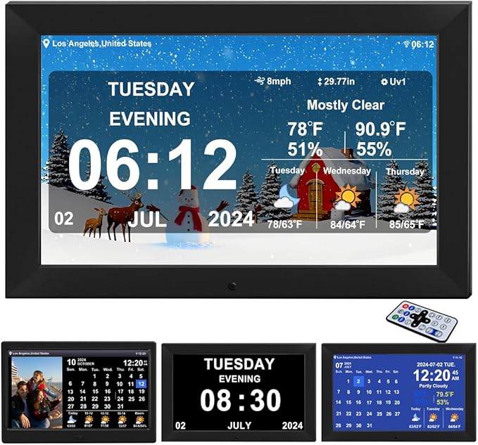 TIMEMOON Digtial Calendar Clock with Day and Date Alarm Clock with Weather Temperature Humidify Alzheimers Elderly Auto Dimmable 8 Alarm Options (10.1 Inch Black)