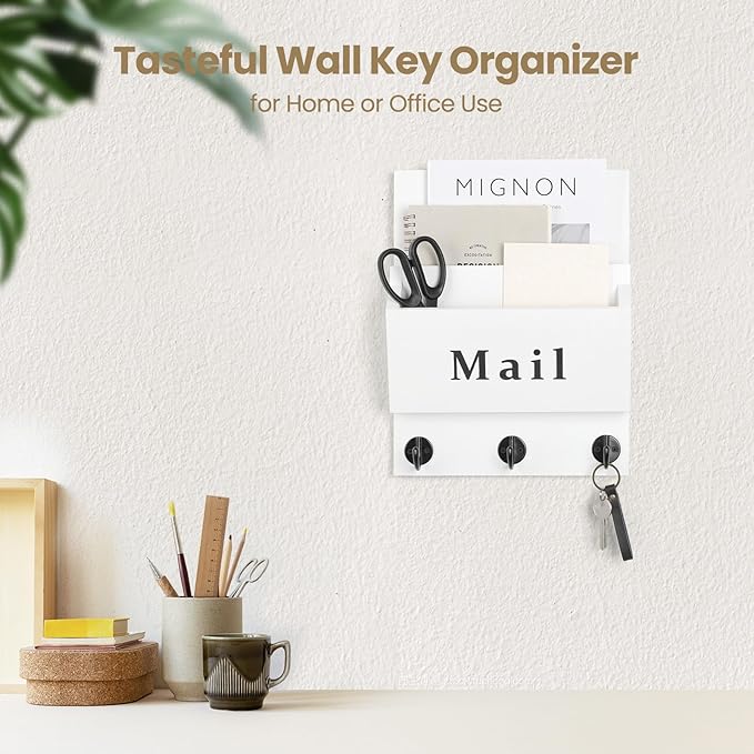 Lucundm Mail and Key Holder - Decorative 8.86" x 11.42" Wall Key Hanger with 2 Mail Organizer Slots and 3 Hooks - Real Paulownia Wood with Keyhole Brackets, Hardware and Instructions (White)