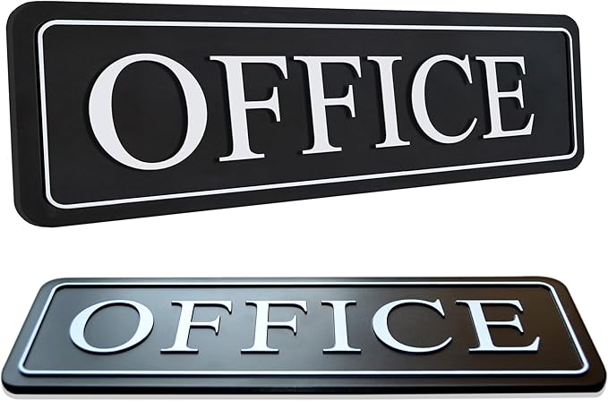 The Office sign for door or wall — Main office signs — quick easy installation — self adhesive for doors or walls — 9 X 3 in office signage for home and Business sign — White Big letters on black plate (Raised/ Black White)