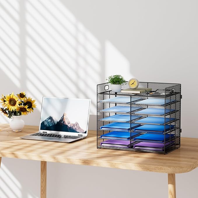 Lavatino 7 Tier Paper Organizer for Desk, Mesh Literature Organizer, Mail File Sorter Tray with Handle, Desktop Mailbox for Office Classroom Home, Black
