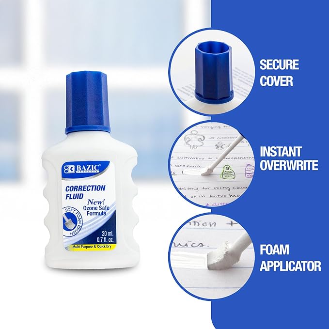 BAZIC Products Correction Fluid (0.7oz/20 ml), Foam Brush Applicator, Corrections Pen, White Out Liquid, Total 576-Count