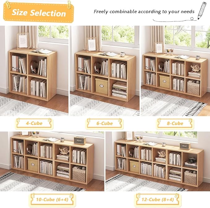 NELYE 4 Cube Organizer Bookcase - Fabric Storage Bins Container, Open Shelf Simple Compartments Bookshelf, Oak