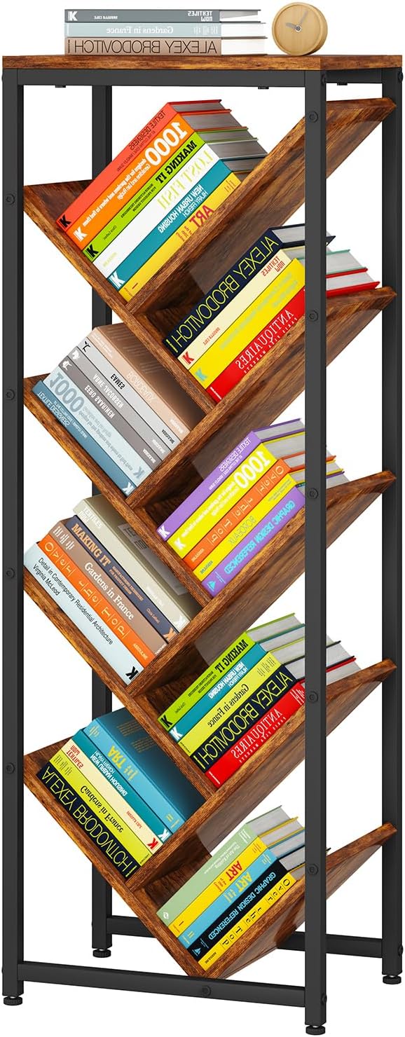 IBUYKE 9 Tier Tree Bookshelf, Floor Standing Wood Bookshelf for Narrow Space, Storage Organizer Bookcase for Books/CDs/Movies, Small Corner Bookcase for Bedroom Living Room,Rustic Brown,TBC002H
