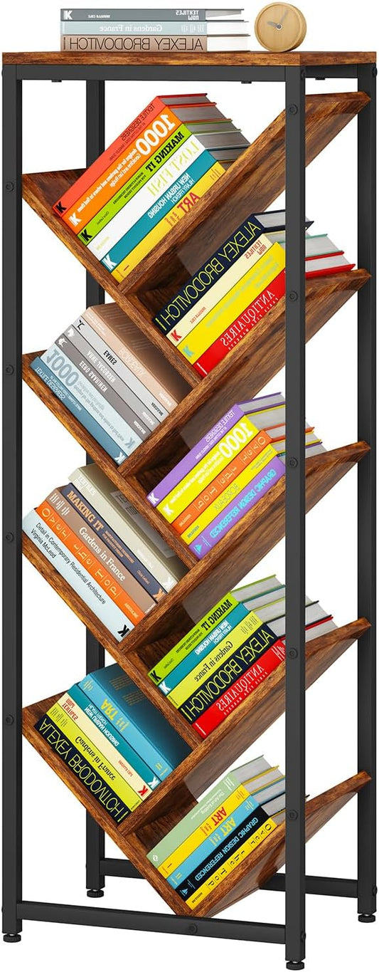 IBUYKE 9 Tier Tree Bookshelf, Floor Standing Wood Bookshelf for Narrow Space, Storage Organizer Bookcase for Books/CDs/Movies, Small Corner Bookcase for Bedroom Living Room,Rustic Brown,TBC002H