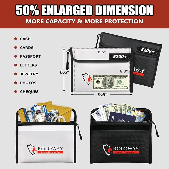 ROLOWAY Fireproof Bag (9.6 x 6.6 inches) 5200℉ Heat Insulated, Fireproof Money Bag with Zipper for Cash (2-Pack)