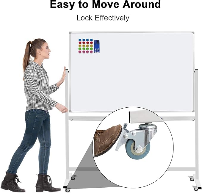 Max-officoo 60"x40" Mobile Whiteboard Double-Sided Magnetic Large Dry Erase White Board with Rolling Stand for Offices, Home & School