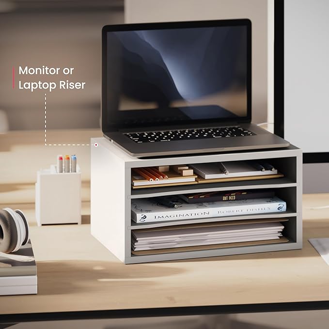 Ballucci Paper Organizer, 3-Tier Stackable Wood Desk Organizer, Document File Organizer and Mail Sorter with Adjustable Storage Shelves, White