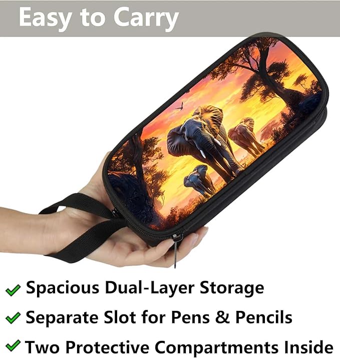 AnySmic Elephant Pencil Case for Boys Girls, Large Pencil Pouch for Kids and Students, Polyester Big Capacity Pen Box, Double Zipper, Multi-Slot Pen Bag Organizer