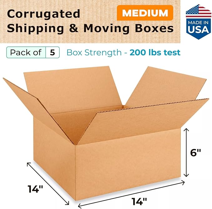 Medium Moving & Shipping Boxes 14 x 14 x 6 inches (5-Pack) - Extra Strength 200 lb vs Regular - Corrugated Strong Boxes for Packaging - Moving Cardboard Box - Corrugated Box by IDL Packaging