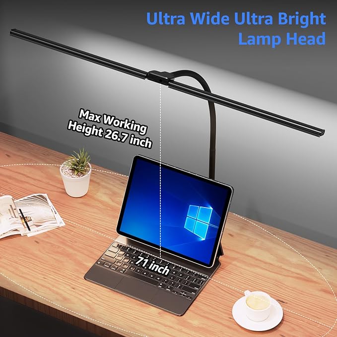 ShineTech LED Desk Lamp for Home Office, 5000K Bright Double Head Architect Task Lamps with Clamp, Dimmable Adjustable Flexible, Black