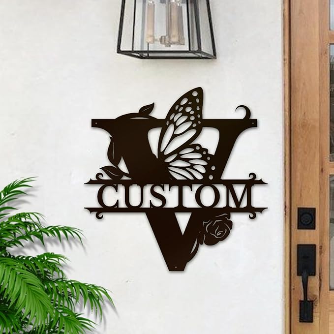 Personalized Custom Letter Name metal Signs,Custom Black Letter Monogram Wall Art Decor,Metal Signs Plaques Outdoor wall Decorative Signage (V)