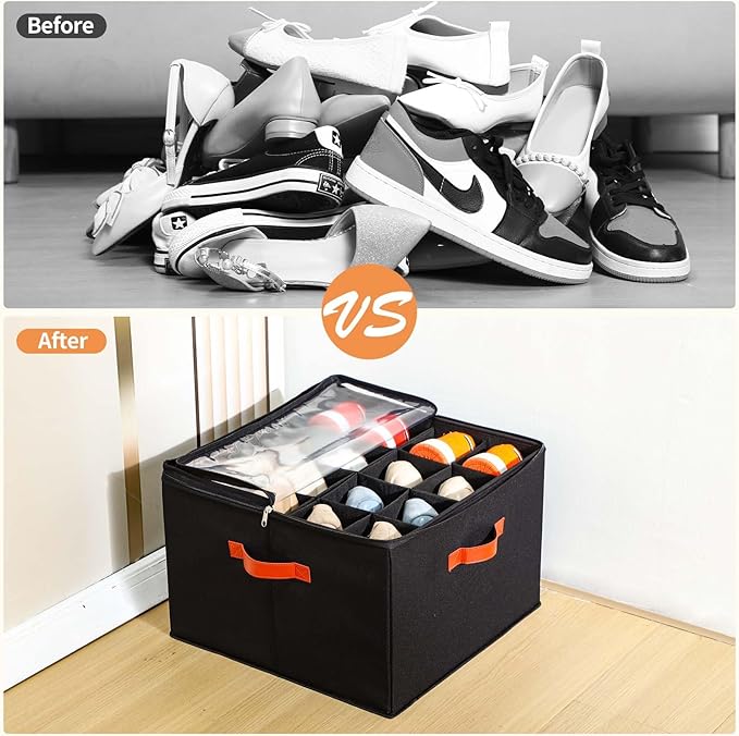 INSTY 2 Pack Shoe Organizer for Closet, Fits up to 32 Pairs, Adjustable Dividers for Shoe Storage, Space-Saving Shoe Bins and Clear Top, Black