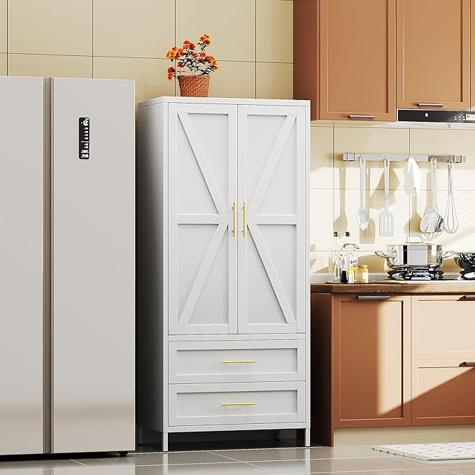 SUPEER Metal Wardrobe Cabinet with 2 Drawers and Hanging Rod, 70.9" H Metal Armoire Wardrobe Closet with Adjustable Shelf for Bedroom, Laundry Room, Home,Office,Installation Required,White