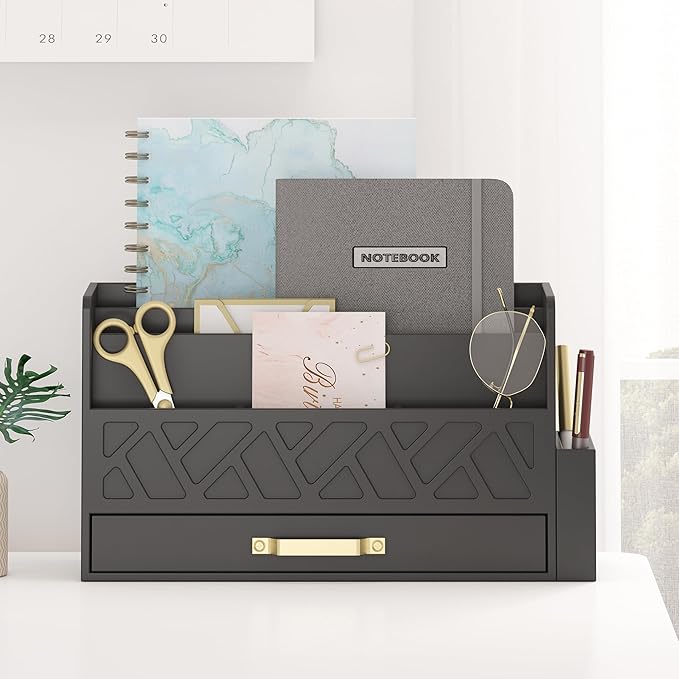 Wisuse Desk Mail Organizer with Drawer - Bamboo Wooden File Bill Sorter Storage Box for Desktop, Letter Countertop Holder for Home Office School Organization Tabletop Accessories Supplies (Black)