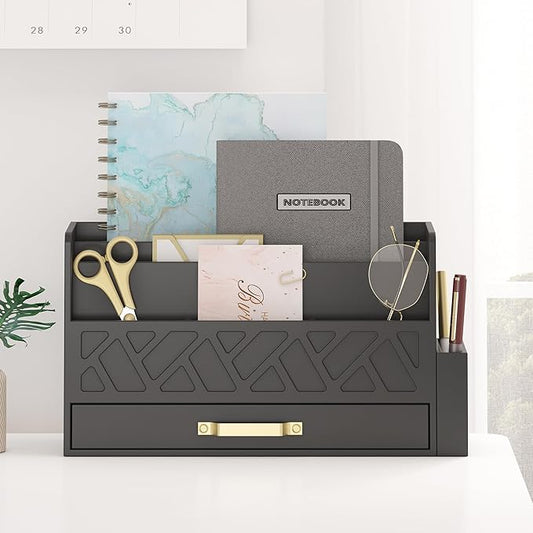 Wisuse Desk Mail Organizer with Drawer - Bamboo Wooden File Bill Sorter Storage Box for Desktop, Letter Countertop Holder for Home Office School Organization Tabletop Accessories Supplies (Black)