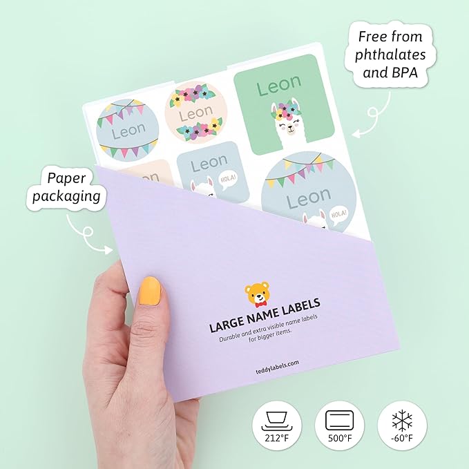 Large Name Labels for Kids (33) - Custom Stickers for Daycare and School Supplies - Durable, Waterproof Stickers for Water Bottles, Lunch Boxes, and More with Unique Designs - Llama