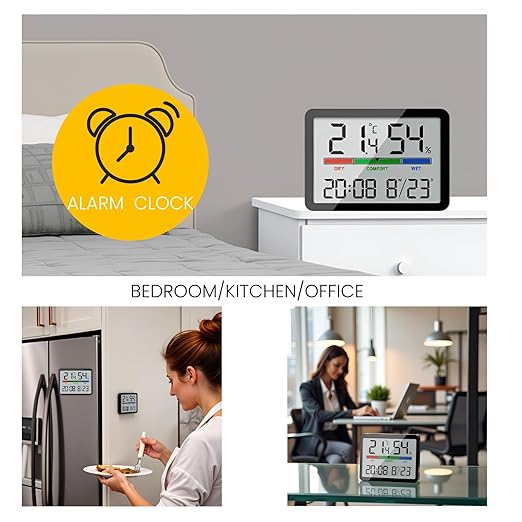 Luzsco Digital Hygrometer Indoor Thermometer, Clock with Temp & Humidity, Temp Gauge with Comfort Indicator, Wall/Magnetic/Desk Alarm Clock for Bedroom, Baby Room, Office, Kitchen, Garage (White)