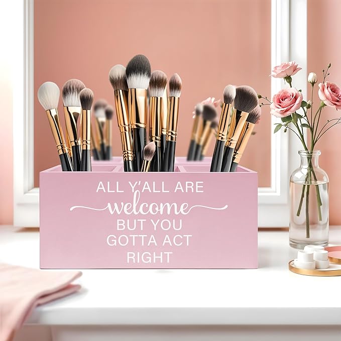 Exqcom Pink Western Makeup Brush Holder, Preppy Western Cowgirl Toothbrush Holders for Girly Bathroom, All Y'all are Welcome But You Gotta Act Right Pen Holder Organizer for Dorm Bedroom Desk