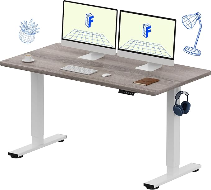 FLEXISPOT EN1 One-Piece Standing Desk with 1-Inch Thick Seamless Desktop, 55"x28" Electric Height Adjustable Desk for Home Office, Multi-Monitor Setups & Easy Assembly, Gray Wood