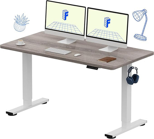 FLEXISPOT EN1 One-Piece Standing Desk with 1-Inch Thick Seamless Desktop, 55"x28" Electric Height Adjustable Desk for Home Office, Multi-Monitor Setups & Easy Assembly, Gray Wood