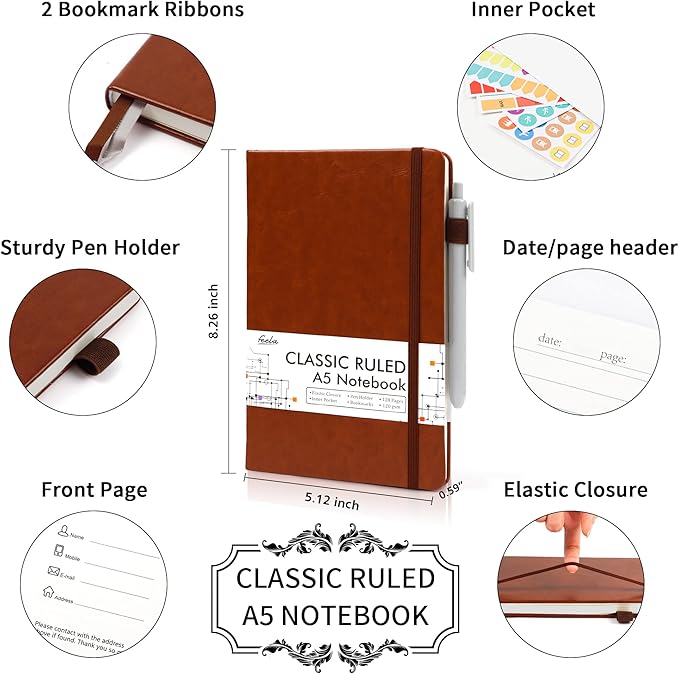 5 Pack Journal Notebook Bulk for School, Feela Hardcover Business Notebooks Classic Ruled Lined Journals with Pen Holder for Work Note Taking, with 5 Black Pens, 120 GSM, 5.1”x8.3”, A5, Brown