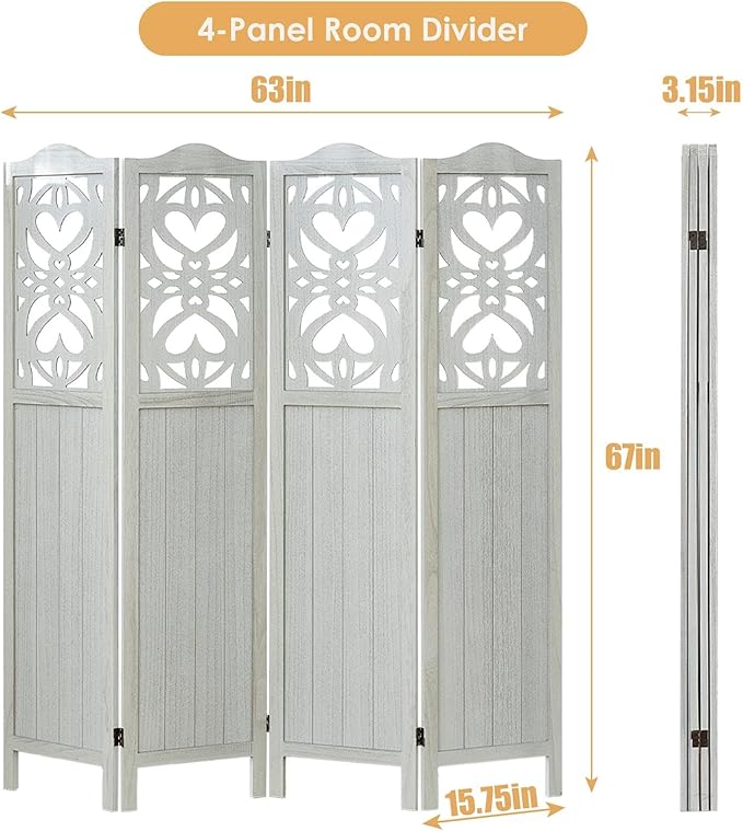 ALeesing 4 Panel Room Divider Fully Assembled, Carved Room Dividers and Folding Screens, 5.6Ft Wood Room Divider Screen Freestanding Partition Wall Dividers for Home Bedroom Office, Rustic White