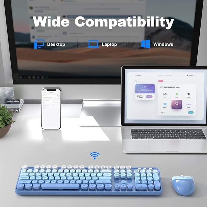 MOFII Wireless Keyboard and Mouse Combo, Full Size 2.4G Plug and Play Typewriter Retro Round Computer Keyboard and Mouse Set for Windows, Computer, Desktop, PC, Notebook - (Blue Gradient)