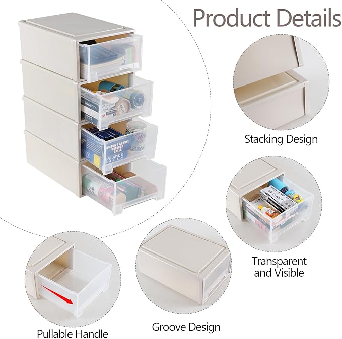 Buyitt 12 Quart Desktop Drawer Storage Unit, Plastic Stackable Storage Drawer, 4 Pack