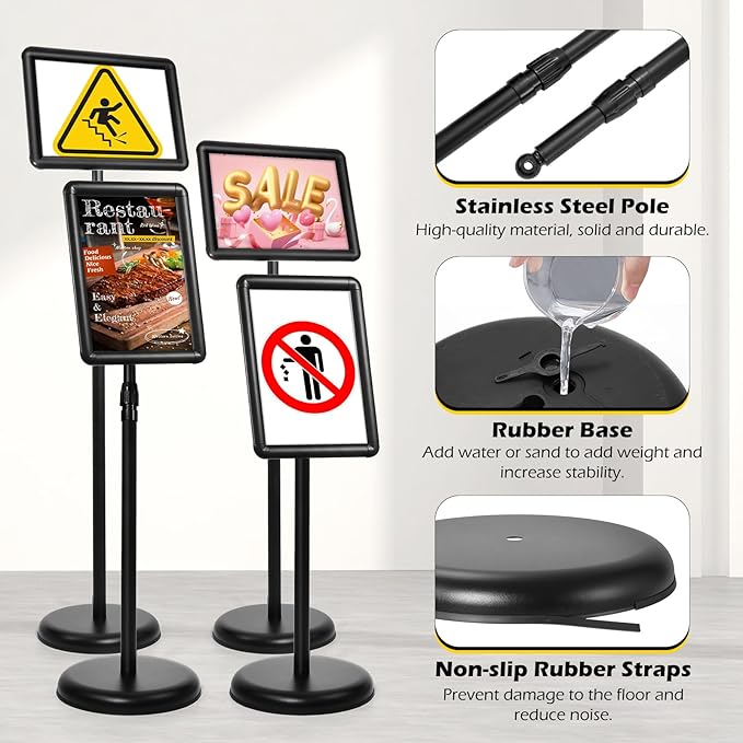 Dyna-Living Sign Stands for Display 8.5 x 11 Inch, 8 Packs Adjustable Sign Holder Stands, Pedestal Sign Holder with Heavy Duty Base for Sign Standing Display, 360° Rotation Floor Standing Sign Holder