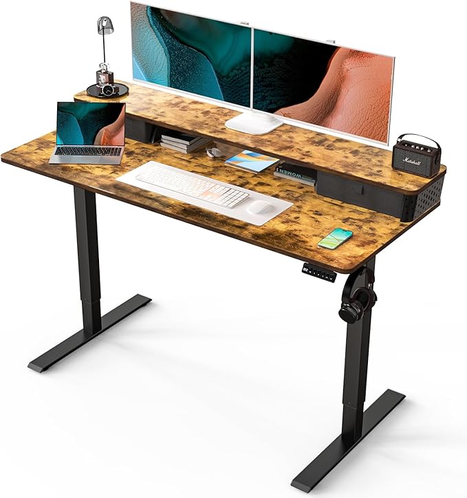 Kingant 55 x 24 Inch Electric Standing Desk with Dual Drawers, Height Adjustable Sit to Stand Computer Desk with Storage Shelf and C-Clamp Mount Compatibility for Home Office, Rustic Brown