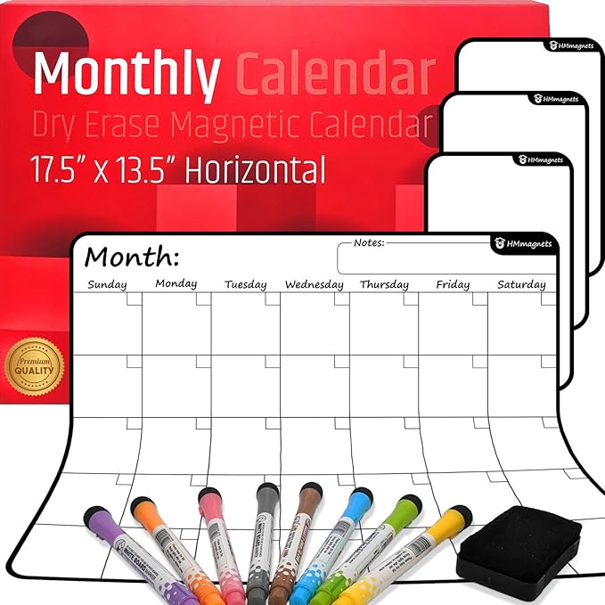 Large Dry-Erase Magnetic Monthly Calendar + Free Bonus: 3 Grocery/to-Do List Whiteboards (Organizer/Planner) for Kitchen Fridge - Full Set: 8 Markers + Eraser | Stain Free | Horizontal